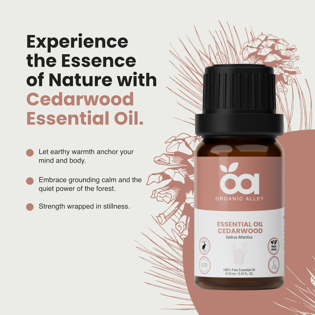 Cedarwood Essential Oil by Organic Alley | 100% Pure, Undiluted and Natural Cedrus Atlantica Oil | Skin, Hair, Stress and Body Balance | (0.33 Fl Oz)
