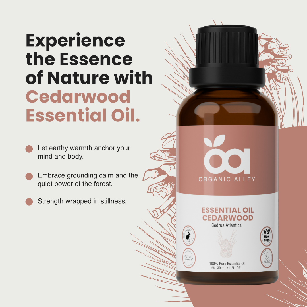 Cedarwood Essential Oil by Organic Alley (1 Fl Oz) | 100% Pure, Undiluted Cedrus Atlantica Oil | Use for Skin, Hair, Stress, Relaxation & Diffusers
