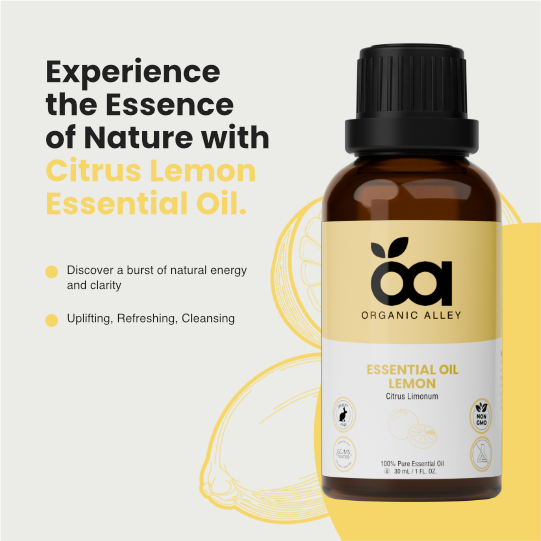 Lemon Essential Oil by Organic Alley (1 Fl Oz) | Pure, Undiluted Citrus Limonum Oil for Skin, Cleaning | Fresh, Zesty Scent