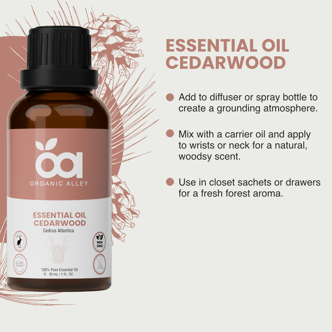 Cedarwood Essential Oil by Organic Alley (1 Fl Oz) | 100% Pure, Undiluted Cedrus Atlantica Oil | Use for Skin, Hair, Stress, Relaxation & Diffusers