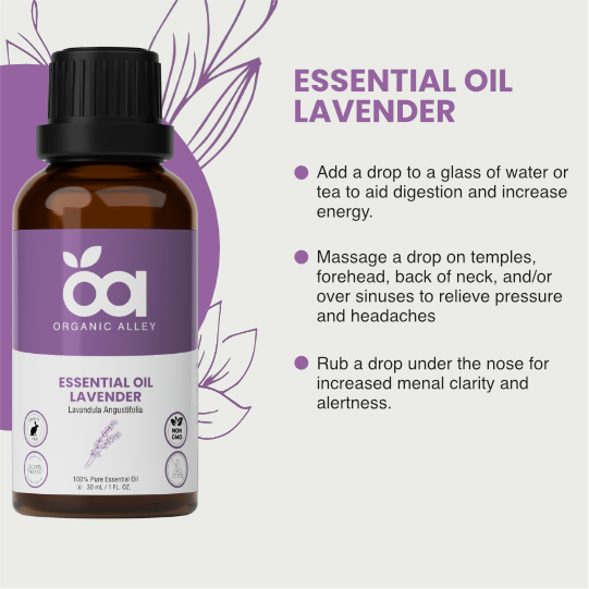 Lavender Essential Oil by Organic Alley (1 Fl Oz) | Pure Lavandula Angustifolia for Relaxation, Aromatherapy and more