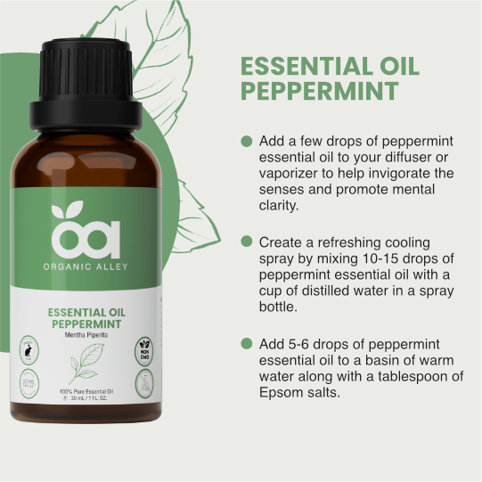 Peppermint Essential Oil by Organic Alley (1 Fl Oz) | Pure Mentha Piperita Oil | Fresh Minty Scent