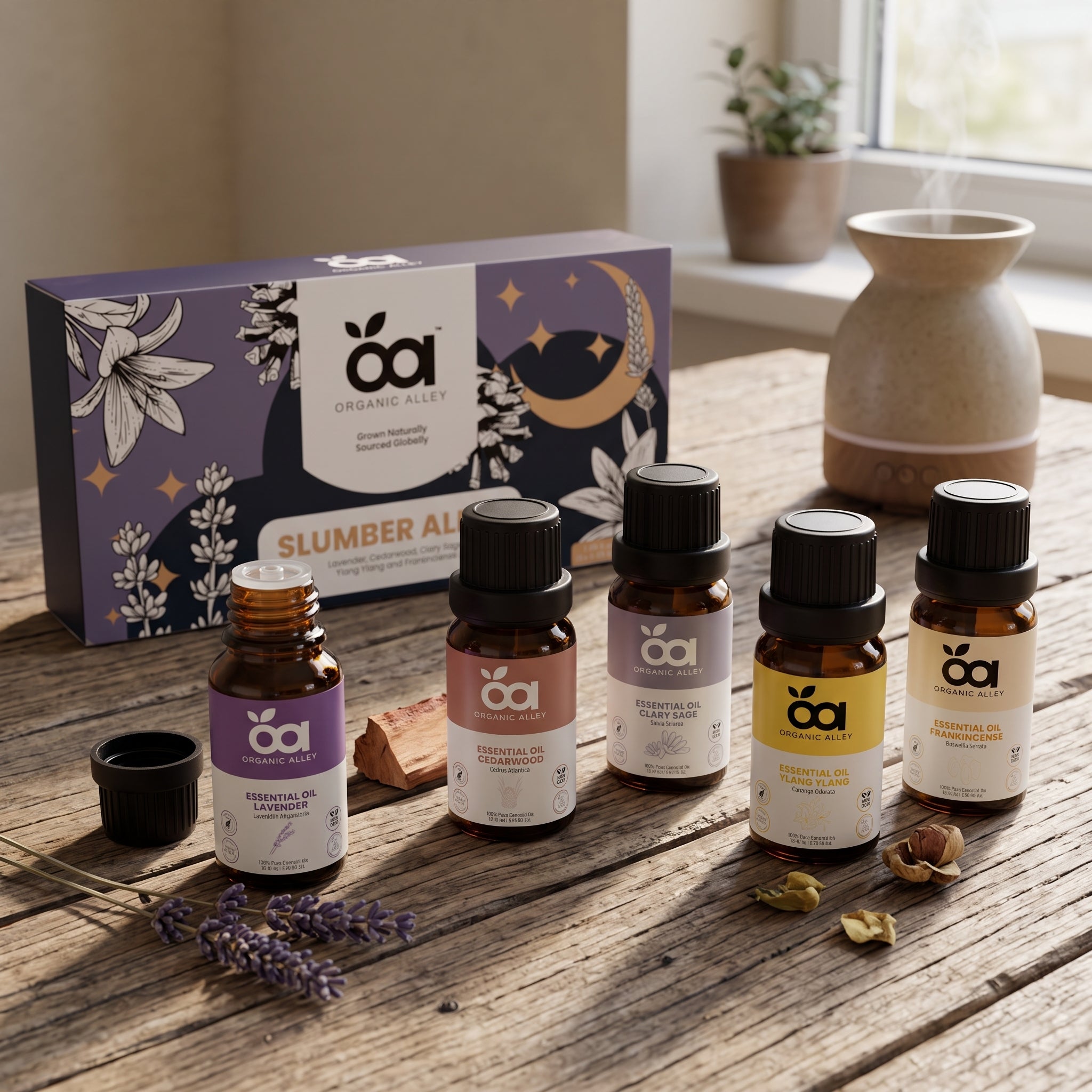 Slumber Alley Essential Oil Set – Lavender, Cedarwood, Clary Sage, Ylang Ylang, Frankincense - Premium Aromatherapy Gift Set